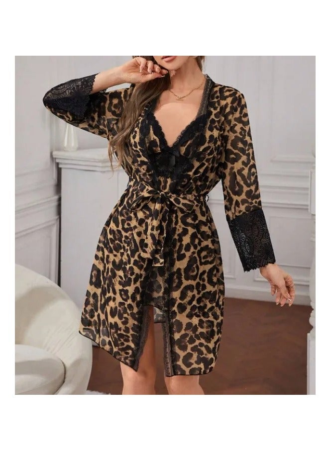 Women's 3 Pieces Leopard Print Home Dress Set, Premium Imported Butter Fabric, V-Neck Mini Nightdress with Lantern Sleeves, Soft Breathable Loungewear and Sleepwear, Brown and Black - Image 1